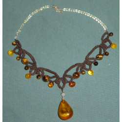 Gemstone Amber Tiger Eye Coton Choker, Tatting Necklace, Confortable, Creation LE SAULE REVEUR