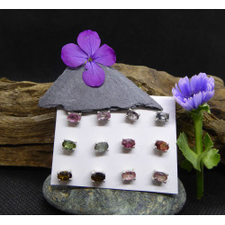 Boucles d'Oreille Puce en Argent Tourmaline verte et rose