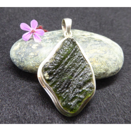 Moldavite Silver Pendant with a free shape